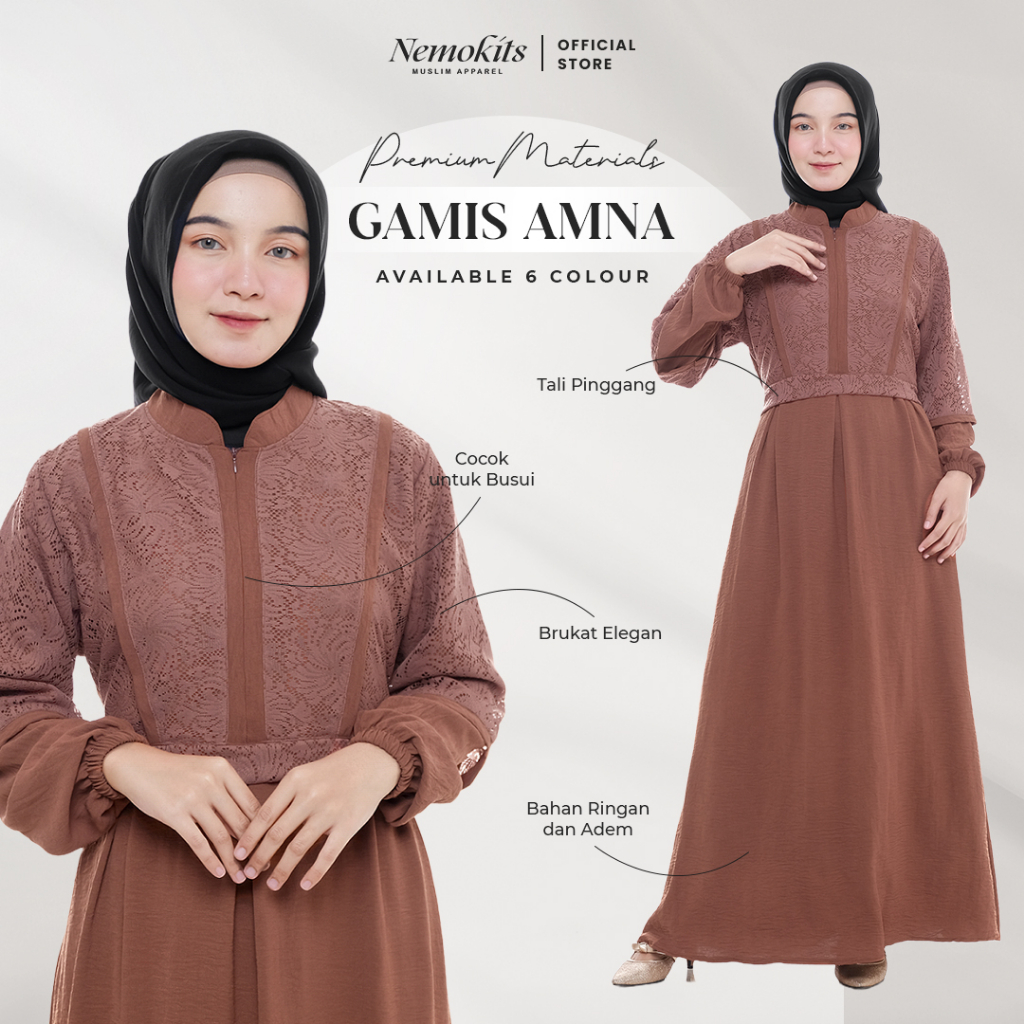 NEMOKITS Amna - Gamis Busui Friendly Variasi Brukat Malika Maxi Dress Pakaian Muslim Wanita Warna Me