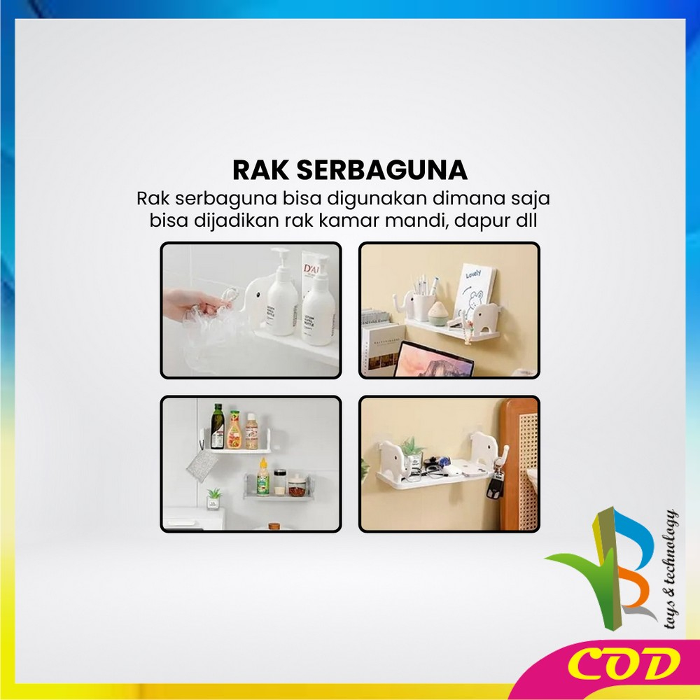 RB-C864 Rak Dinding Tempel Kamar Mandi Motif Gajah Tanpa Paku Serbaguna / Rak Dapur dengan Gantungan / Rak Gantung Multifungsi Storage Rack Import