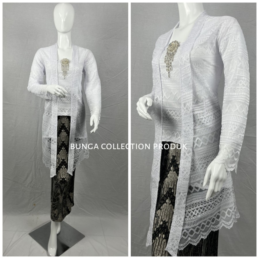 kebaya kutubaru modern/kebaya kutubaru panjang/kutubaru brukat - Putih