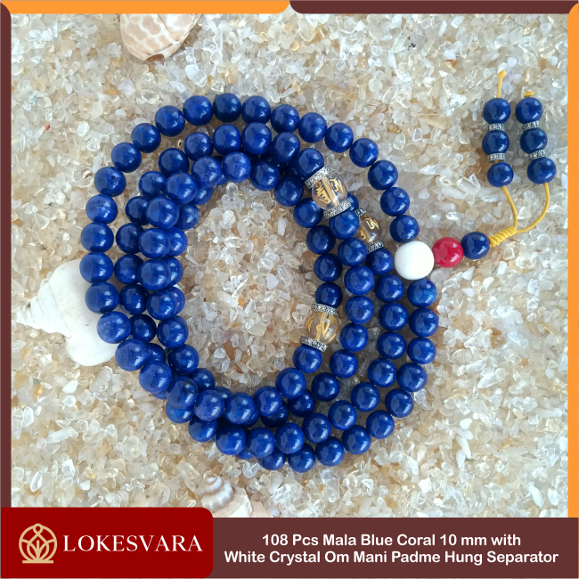 Tasbih Mala Buddha 108 Blue Coral With White Crystal Om Mani Padme Hung Separator