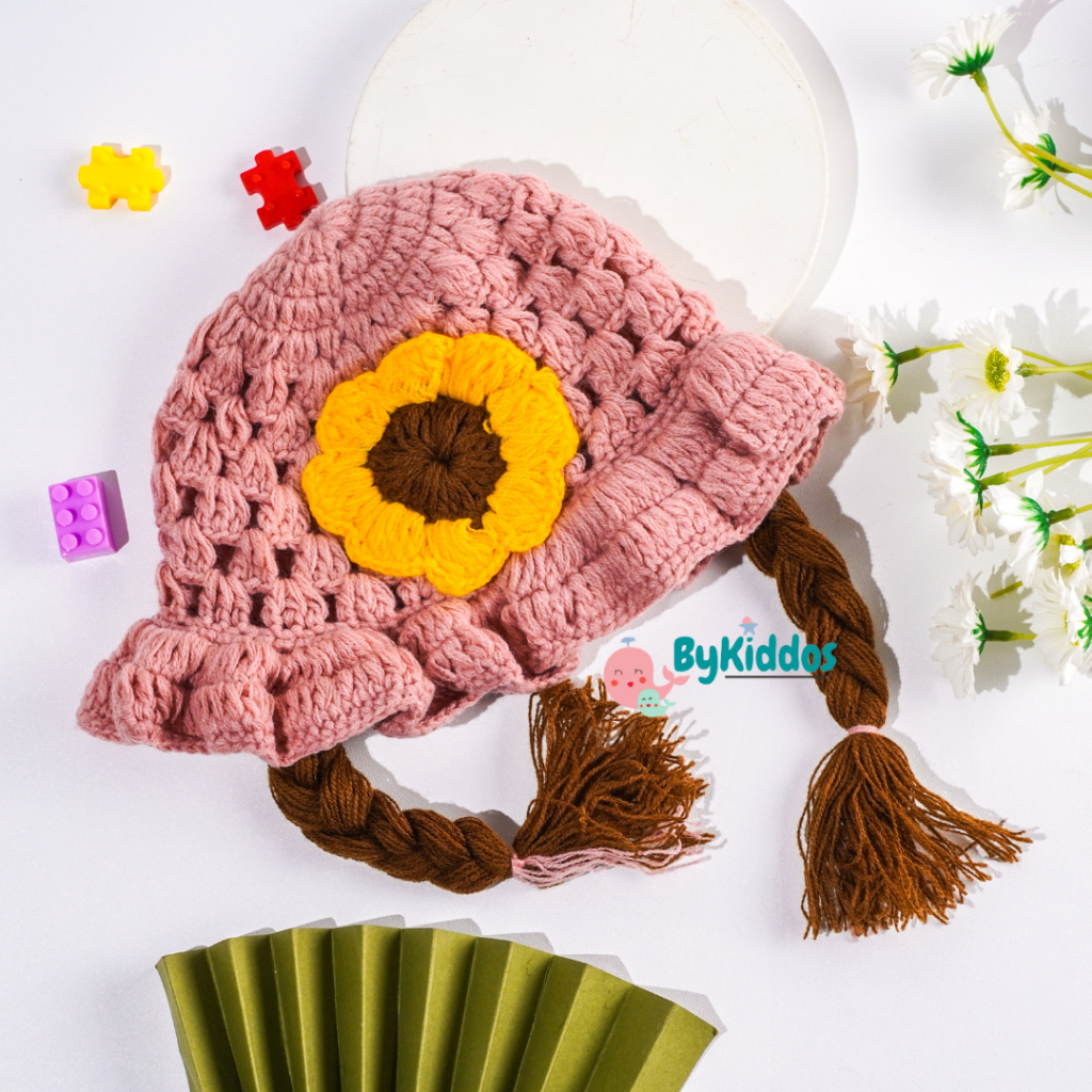 ByKiddos - Kupluk Kepang Wig Aplikasi Bunga dan  Pita / Topi Kepang Anak Perempuan