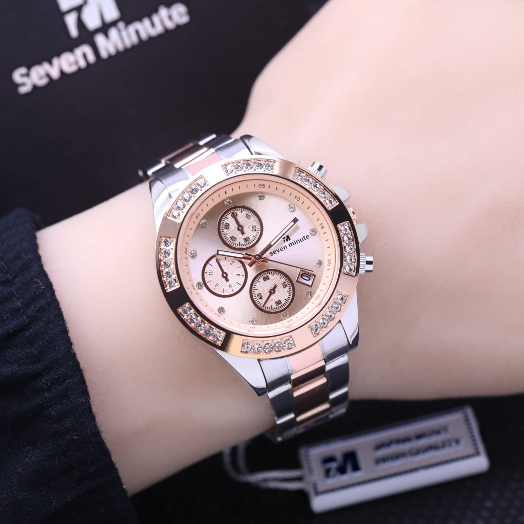 JAM TANGAN WANITA SEVEN MINUTE LS032 CHRONO VARIASI RANTAI SEGI TANGGAL AKTIF