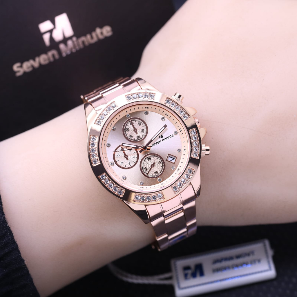 JAM TANGAN WANITA SEVEN MINUTE LS032 CHRONO VARIASI RANTAI SEGI TANGGAL AKTIF