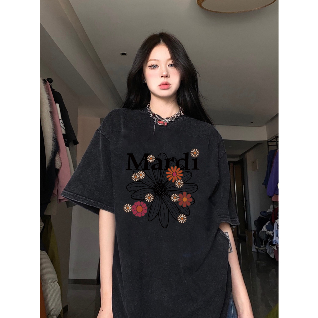 RDGF oversized washed T-shirt   photo of floral pattern kaos  keren Kaos retro Amerika t shirt unisex/A0938