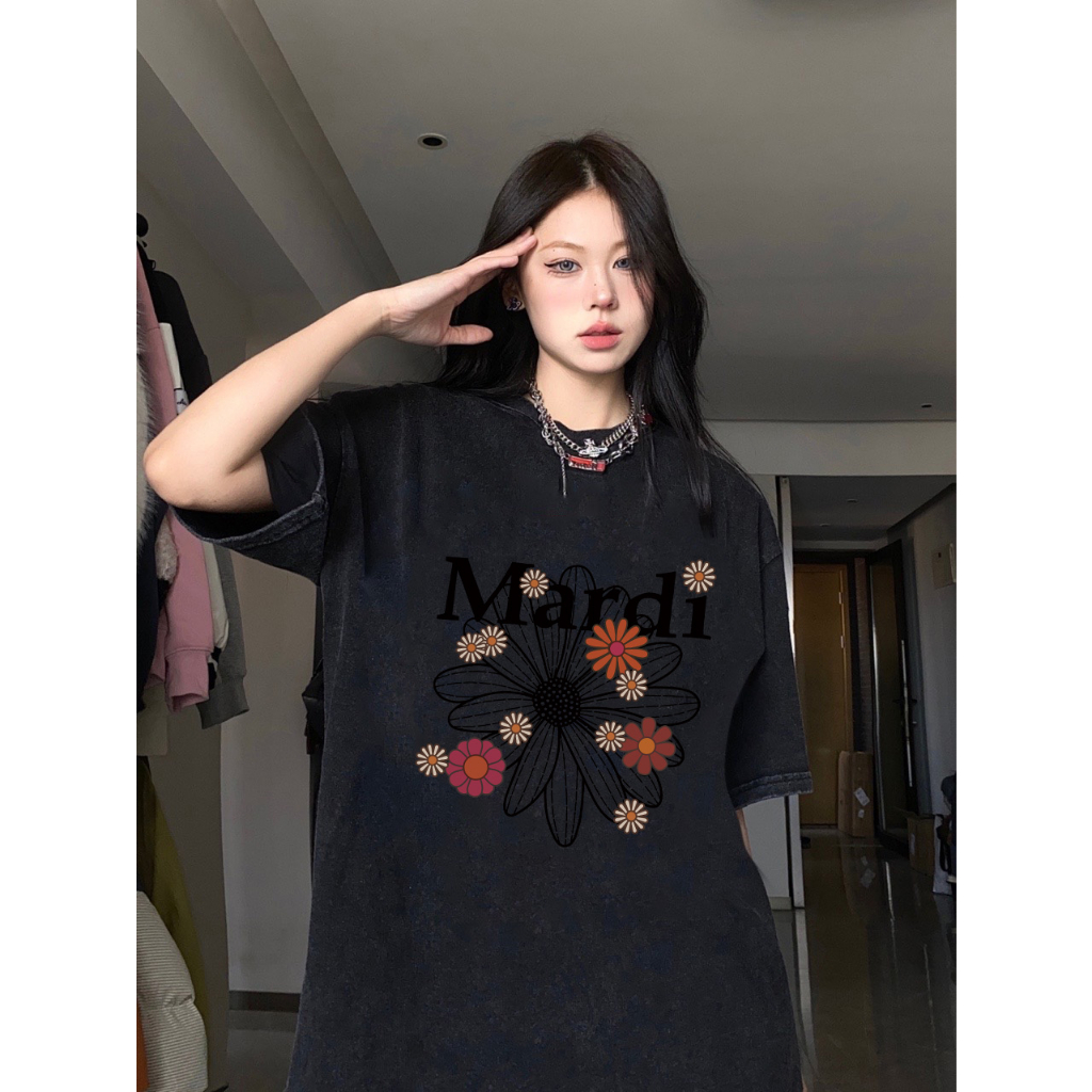 RDGF oversized washed T-shirt   photo of floral pattern kaos  keren Kaos retro Amerika t shirt unisex/A0938