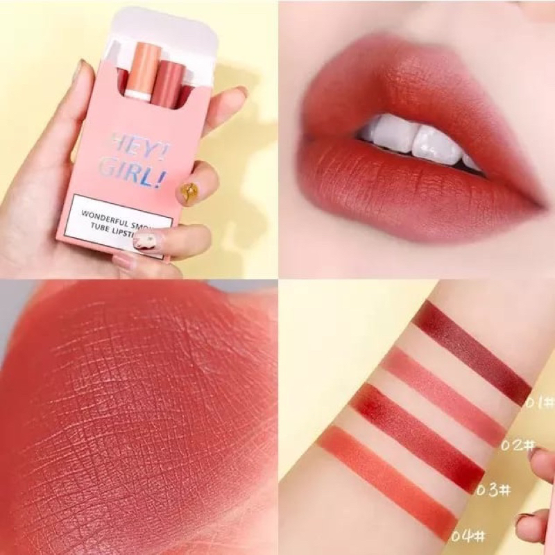 REAL INSTANT TERCEPAT {1 PACK 4 PCS }FREE ONGKIR COD TERMURAH HEY GIRL LIPSTICK KOREA 1 BOX ISI 4 WARNA MATTE TAHAN LAMA