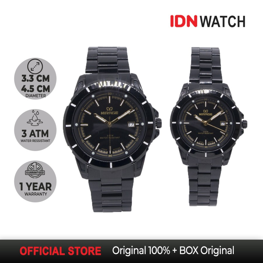 Jam Tangan Mirage Couple Pasangan Pria Wanita 8713 Full Hitam Anti Karat