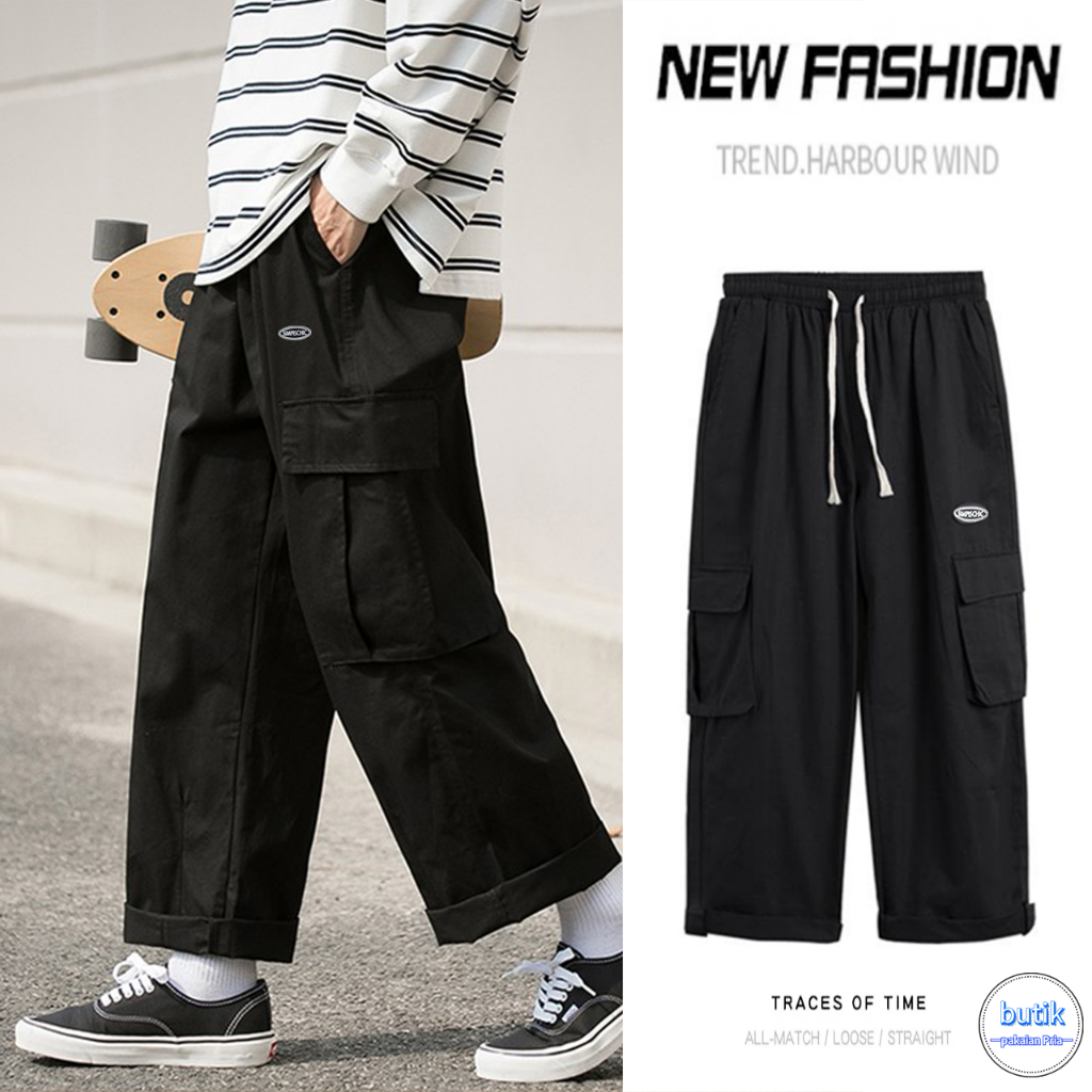 celana cargo panjang pria korean style baggy pants celana pinggang karet pria celana cargo hitam olahraga celana casual pria celana cargo big size pria