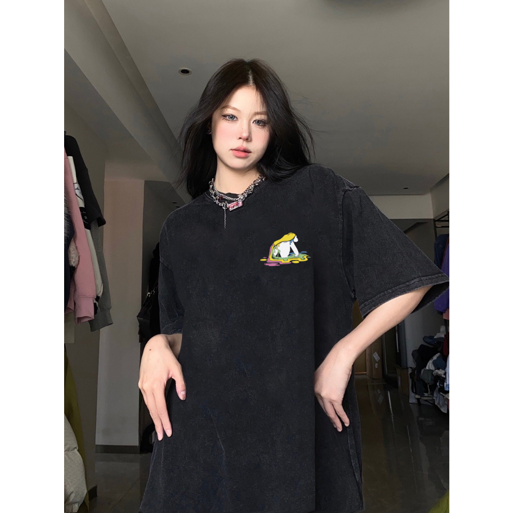 RDGF T-shirt - Sweird oversized black graffiti pattern oversized washed T-shirt Kaos retro Amerika T-shirt lengan pendek wanita/A0944