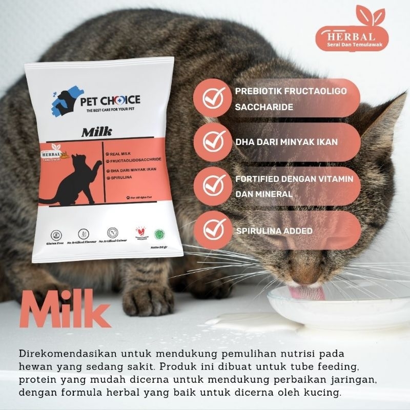 SUSU KUCING PET CHOICE MILK SUSU ANJING SUSU HERBAL PENAMBAH NAFSU MAKAN KUCING PENGGEMUK KUCING susu kucing skin and coat susu anak kucing dan susu kucing dewasa penambah nafsu makan kucing susu pet choice susu kucing dengan temulawak dan spirulina