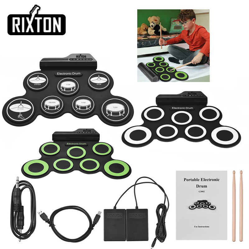 Rixton Drum Elektronik Portabel Digital USB 7 Bantalan Roll up Drum Set Silicone Electric Drum Pad Kit