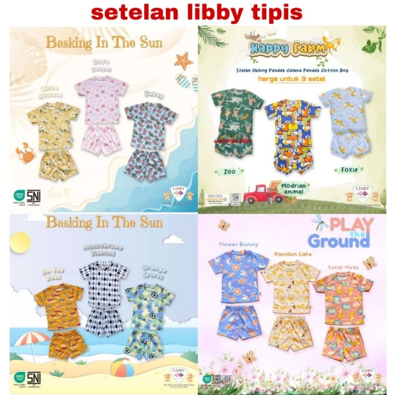 3pc_ Libby baby  setelan pendek bahan 100% cotton motif  PLAY THE GROUND happy farm,gardens by the JOY,  Picnic in the garden boy n girl series basking in the sun/ setelan libby baby / setelan bayi