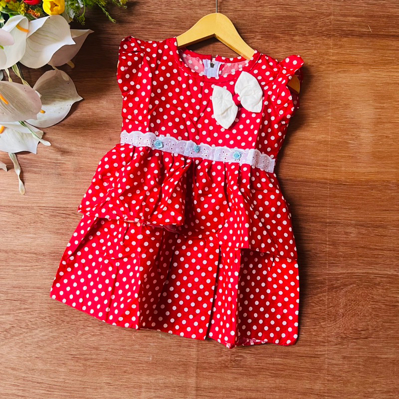 Dress anak 2-3 Tahun perempuan motif polka pita murah tumpuk harian santai katun fatonah shop trypol ( Dress Trypoll)