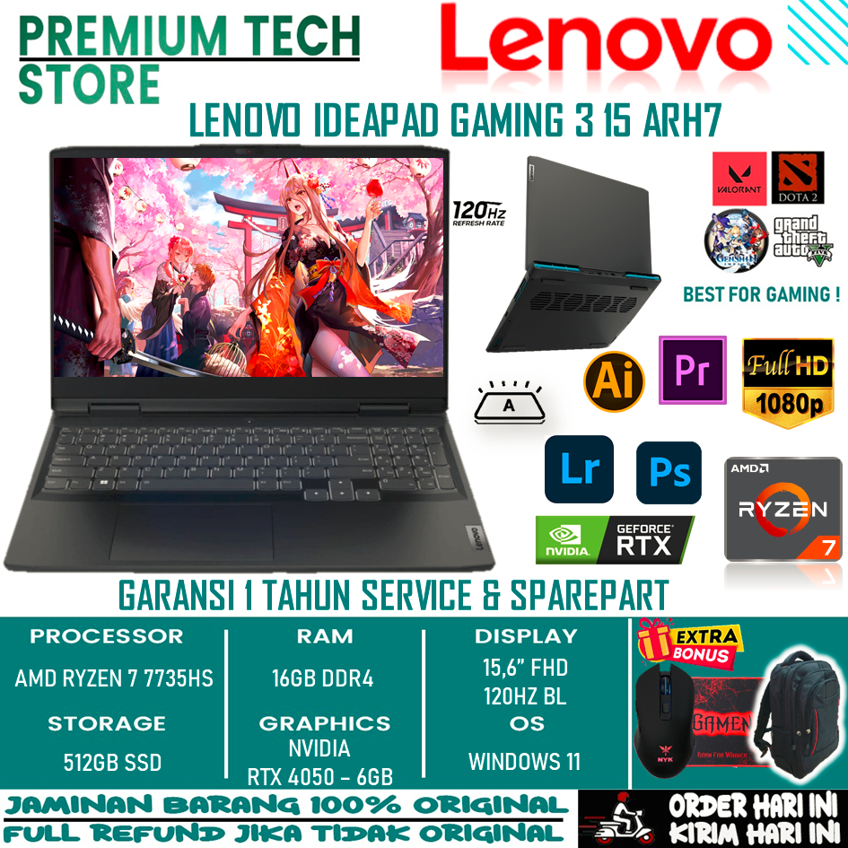 Leptop Lenovo Ideapad Gaming 3 15 Amd Ryzen 7 7735HS Ram 16Gb Ssd 1Tb Ssd Nvidia Rtz 4050 Fhd 120Hz Windows 11 Home Original Termurah