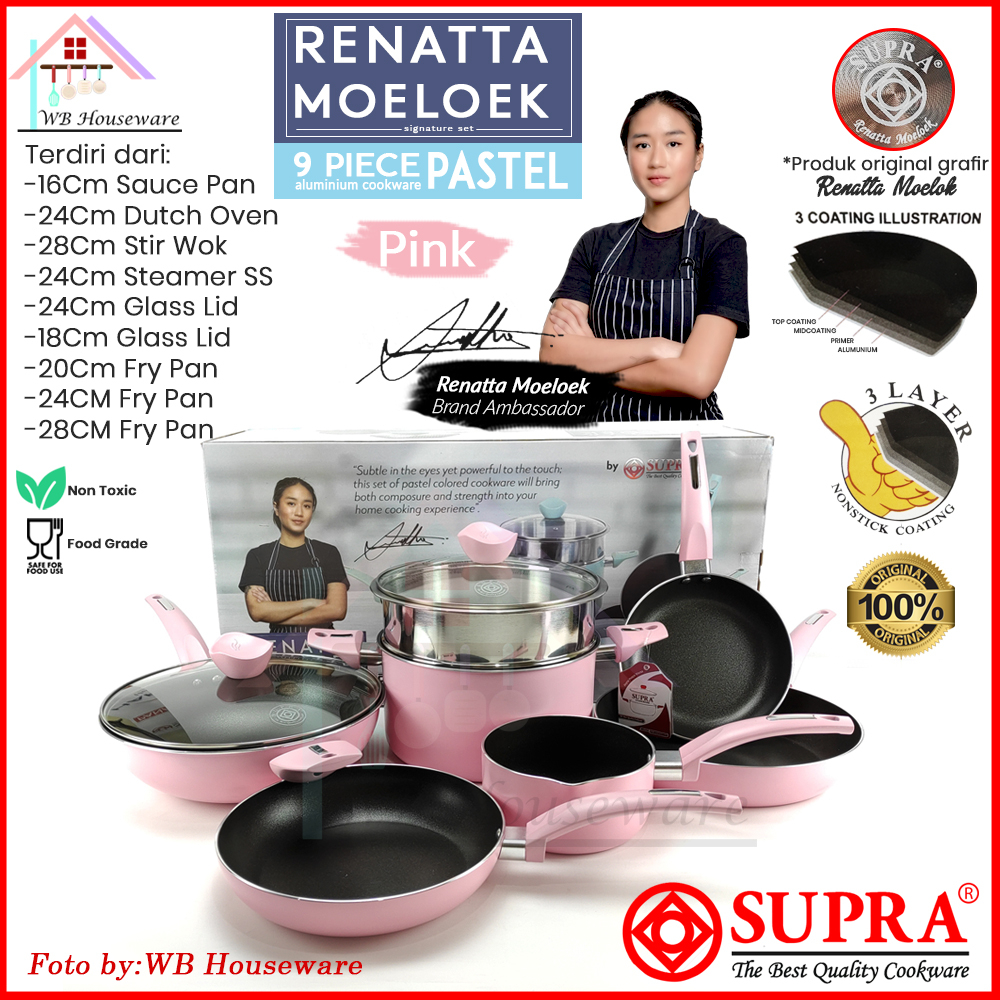 (FREE PACKING DUS + BUBBLE) panci set 9pcs renata moeloek / cookware set pastel pink SUPRA