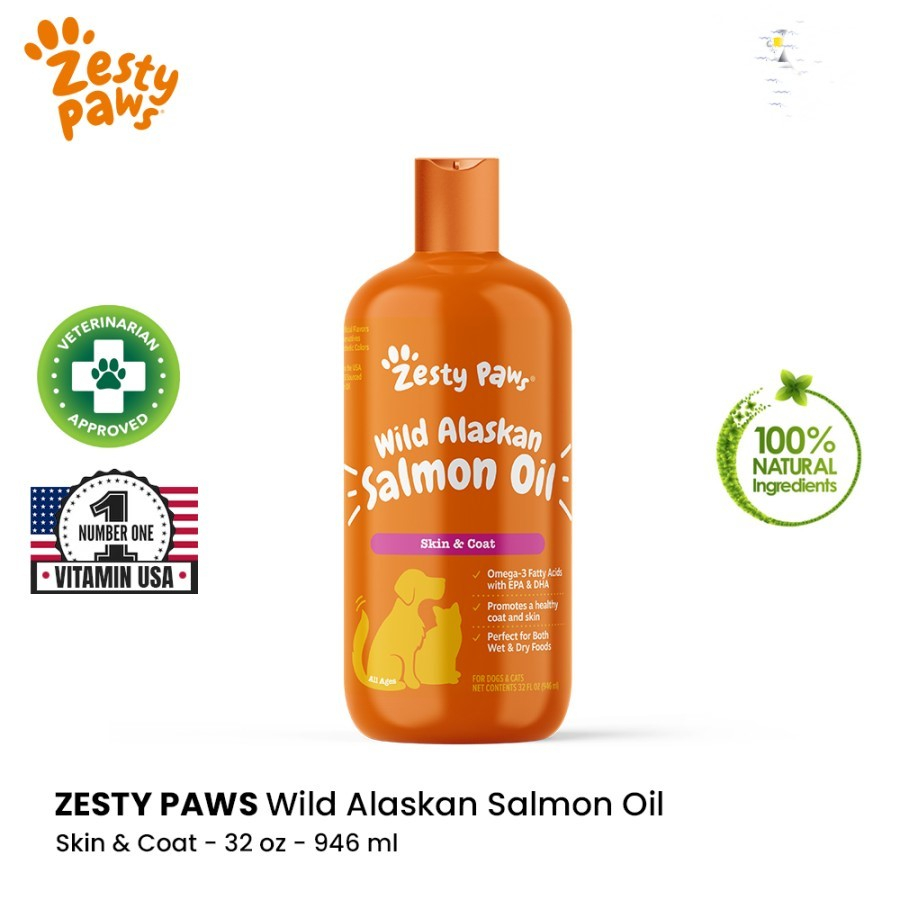 Zesty Paws Pure Wild Alaska Salmon Oil - Vitamin Omega Anjing - 946 ml