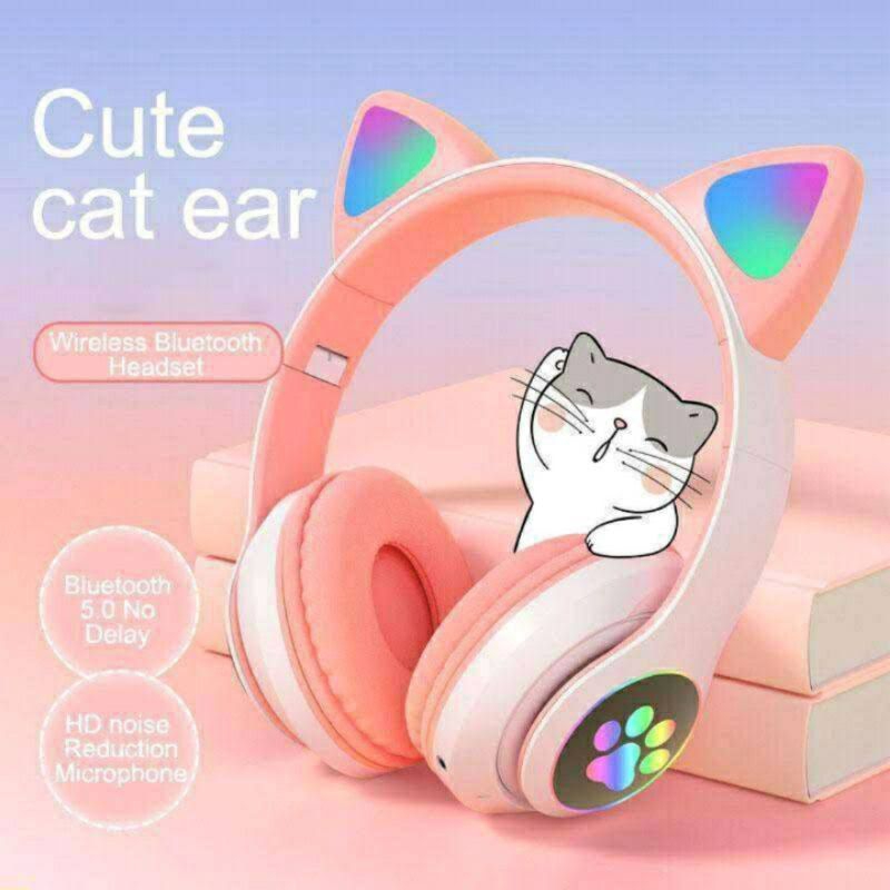 Headset STN28 Bluetooth bando Ear Cat Lampu LED Headphone Wireless STN 28