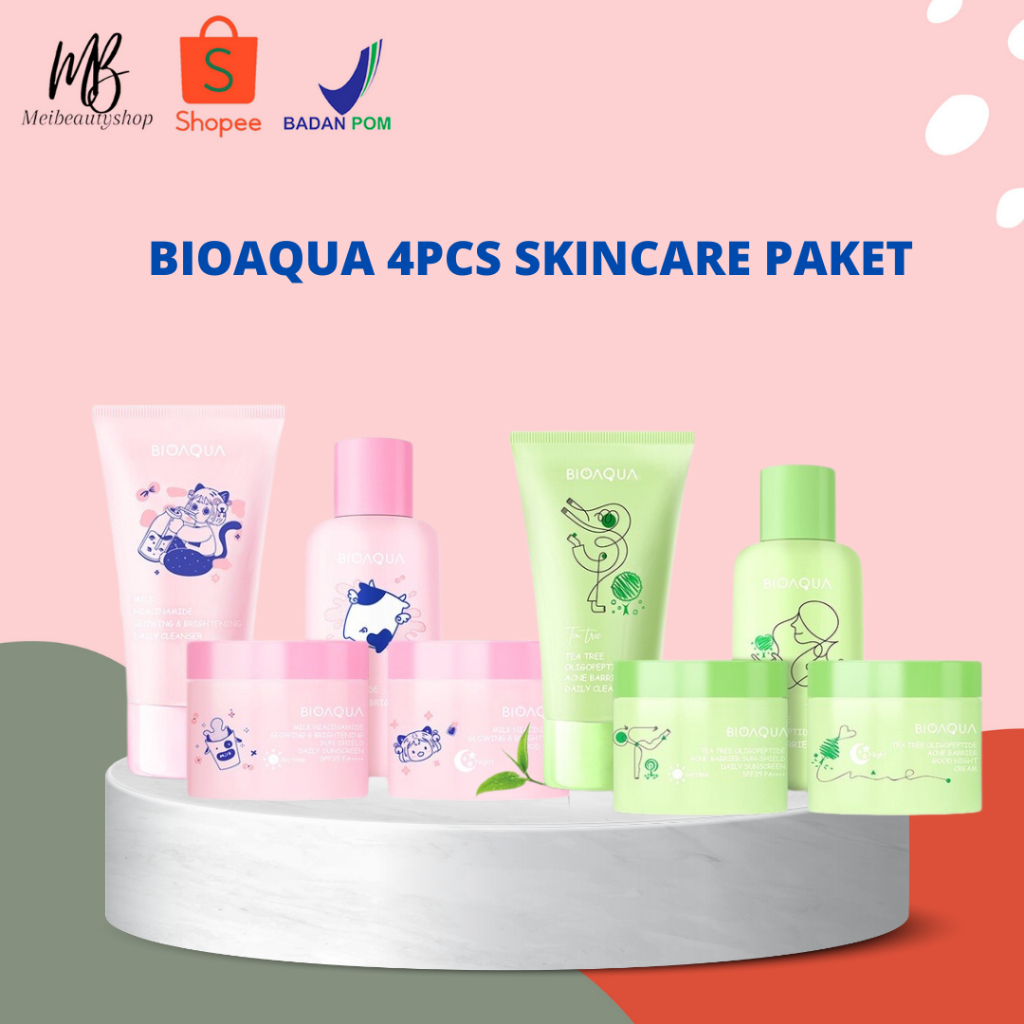 BIOAQUA 4pcs Skincare Paket Niacinamide Glowing &amp; Brightening / Tea Tree Oligopeptide Acne Set With Cleanser / Toner /