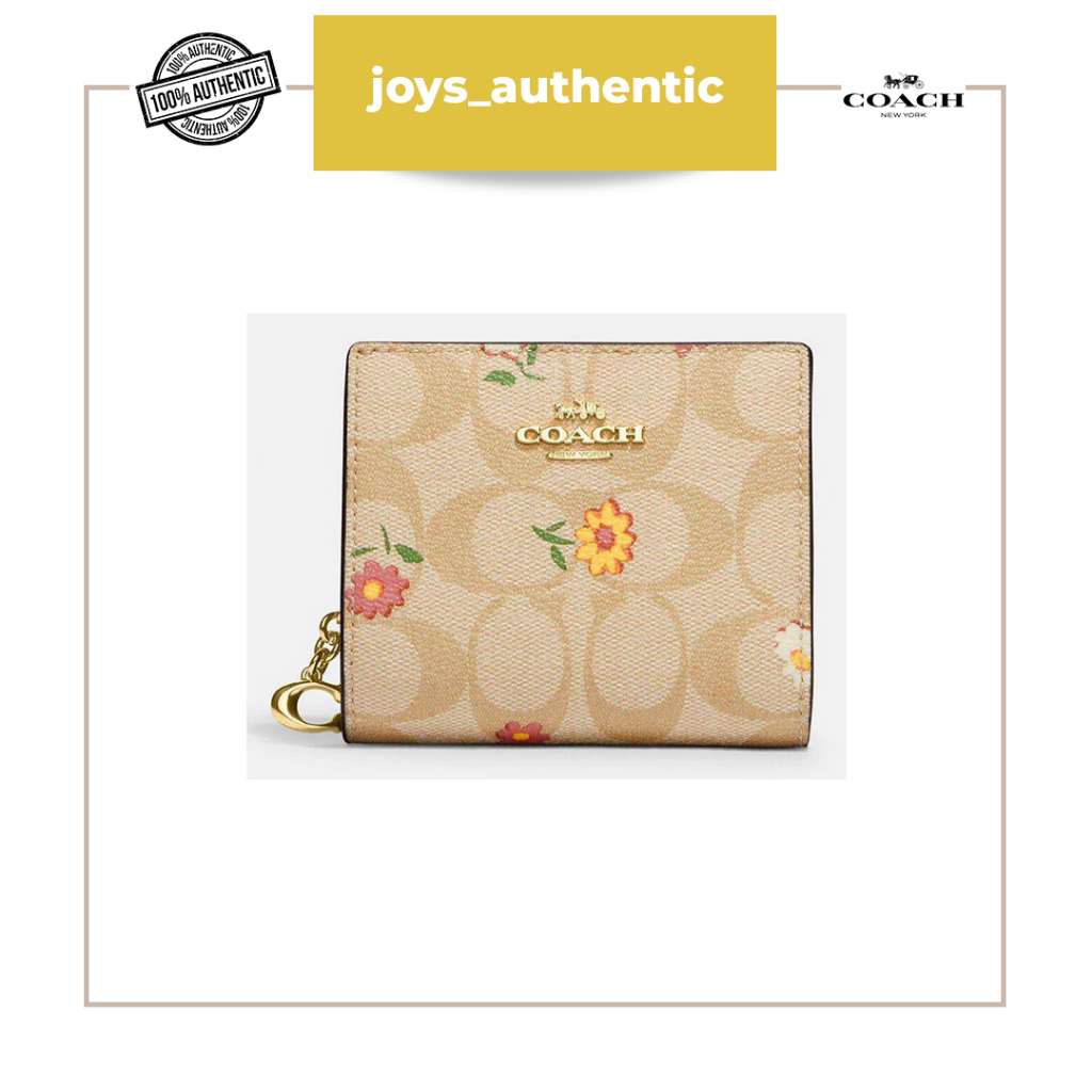 Dompet wanita coach snap wallet in signature ditsy print light khaki multi woman wallet authentic or