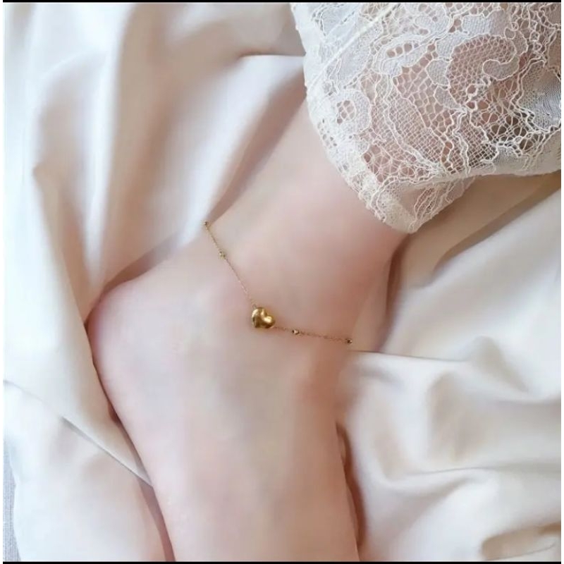 gelang kaki wanita titanium rantai biji lada liontin love anti karat