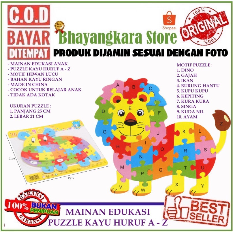 IMPOR MAINAN EDUKASI ANAK PUZZLE KAYU HURUF A SAMPAI Z MOTIF HEWAN LUCU