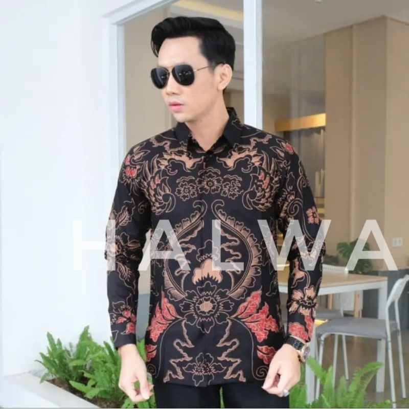 Kemeja Batik Pria Hitam Lengan Panjang Premium Quality Modern Katun (Tidak panas)