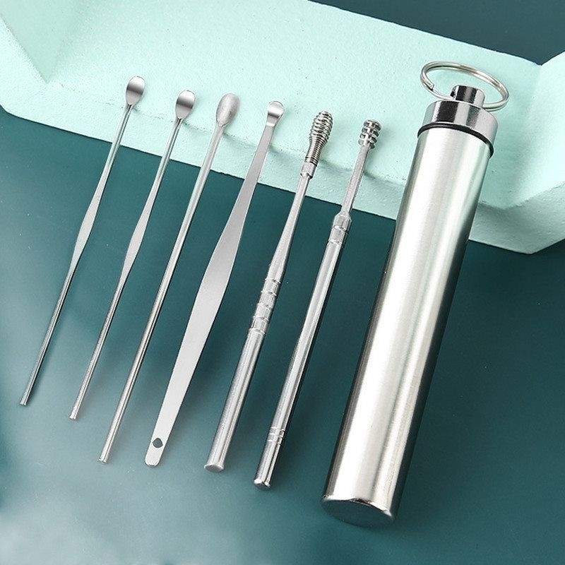 STAINLESS ANTI KARAT ALAT PEMBERSIH KOTORAN TELINGA PAKET KOREK KUPING ISI 6PCS EAR WAX PICKER