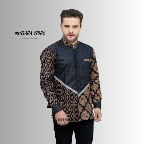 Baju Koko Terbaru Lengan Panjang Motif  Parang Kusumo | Baju Koko Lengan Panjang Kombinasi Batik Terbaru