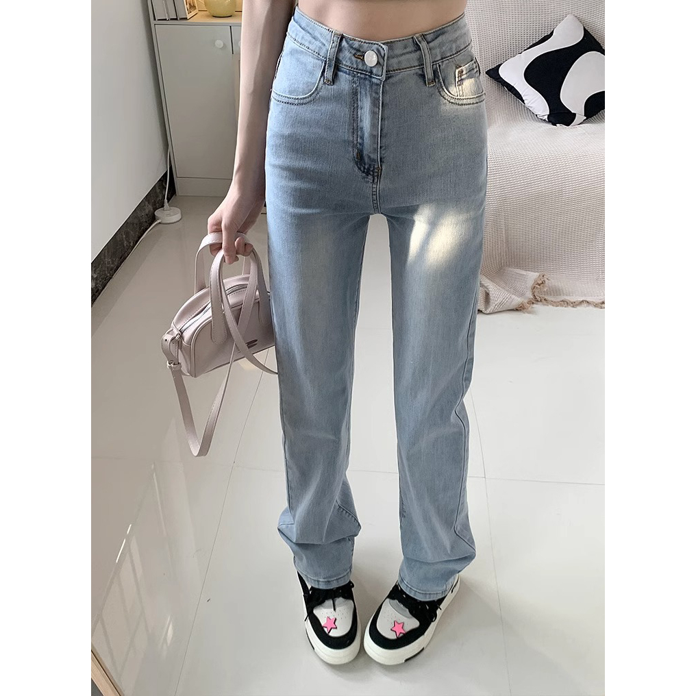 Biru Highwaist Straight Stretch Celana Jeans Wanita