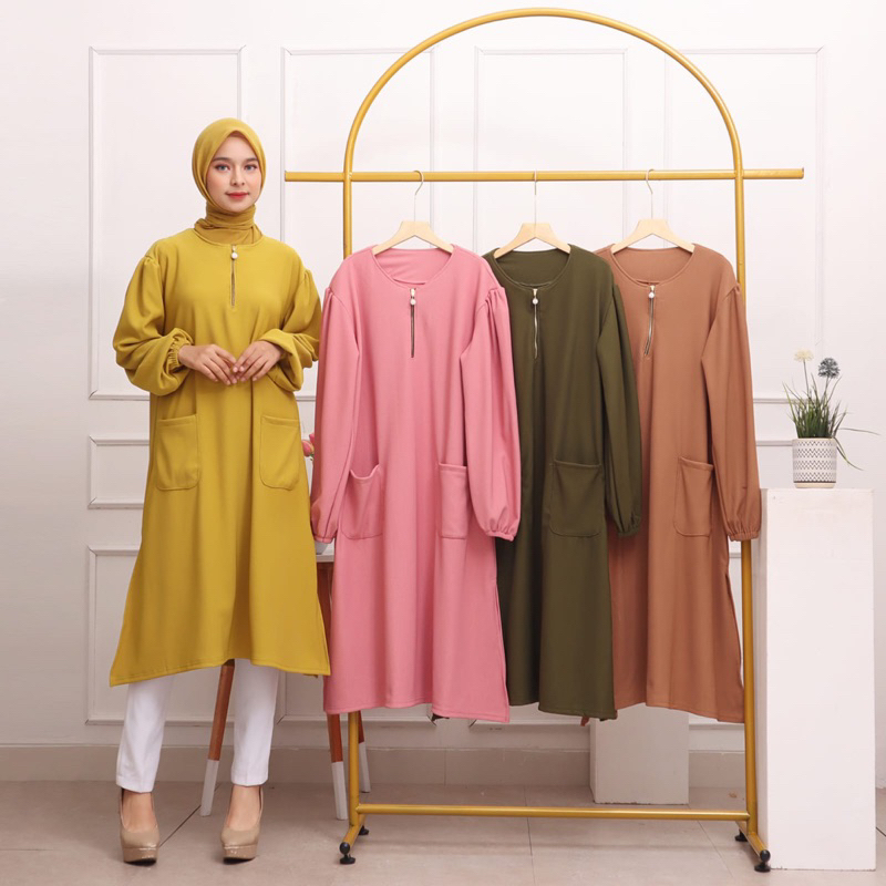 DRESS KNIT JUMBO KANTONG SLETING DEPAN DELLA TANGAN KARET MURAH GROSIR POLOS MODELLANO PGMTA