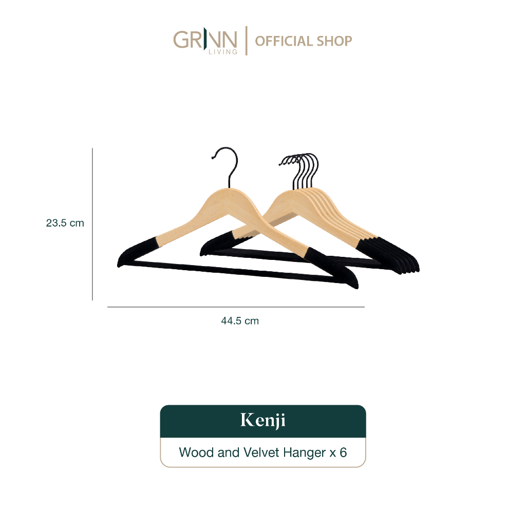 GRINN LIVING Kenji Hanger Kayu SET isi 6 &amp; 12 / Gantungan Baju / Velvet Premium Aesthetic