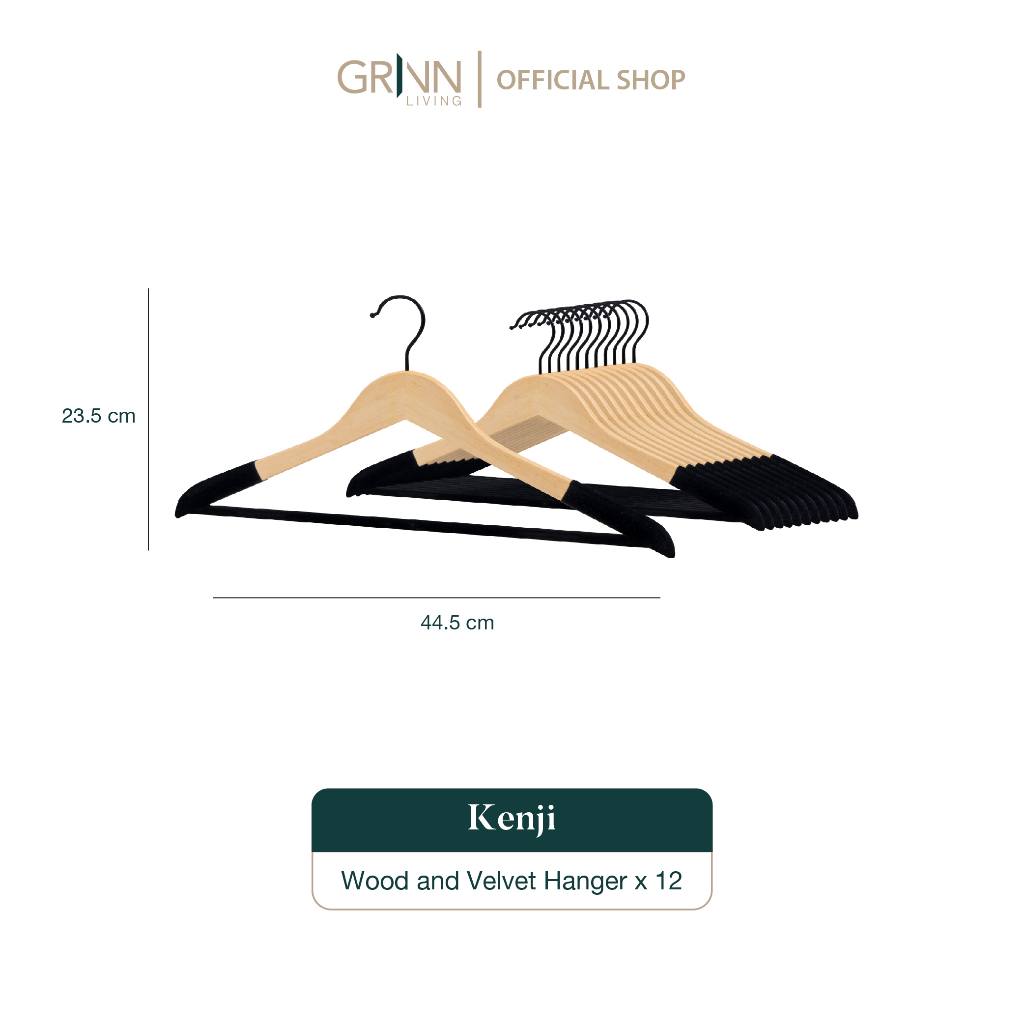 GRINN LIVING Kenji Hanger Kayu SET isi 6 &amp; 12 / Gantungan Baju / Velvet Premium Aesthetic