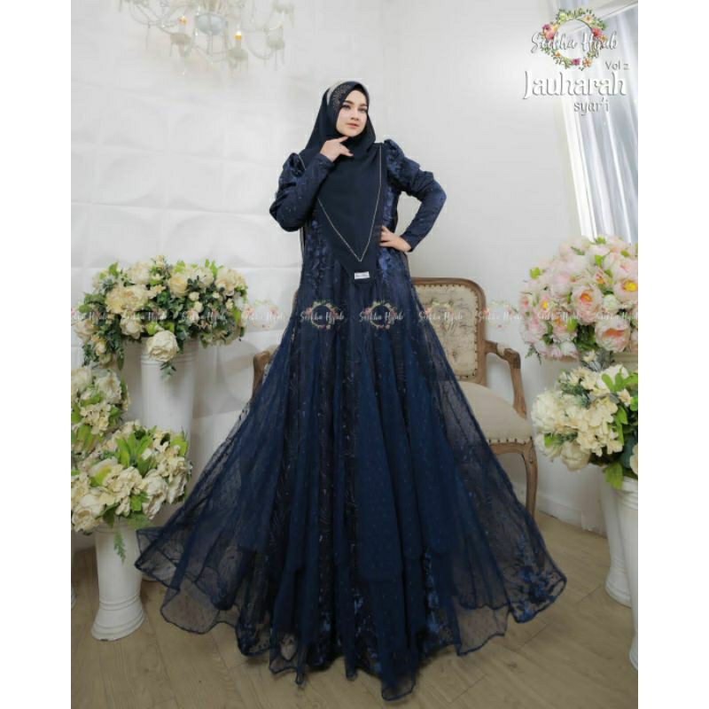 Gamis Pesta Jauhara Syari Mix Brukat Tille Set Khimar Syar'i