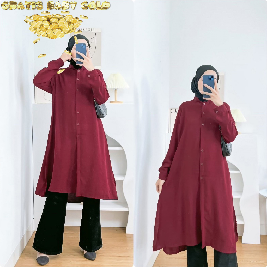 FREE GOLD Tunik Kimi Wanita Crinkle Airflow Merupakan Atasan Kameja Cardigan Baju Blouse Polos Fashi