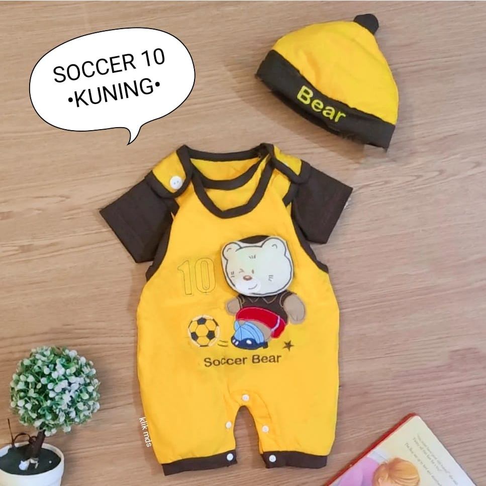 Overall Anak Cowok / Baju Bayi Laki-Laki Set Jumper Usia 0-6 Bulan Motif Soccer Bear