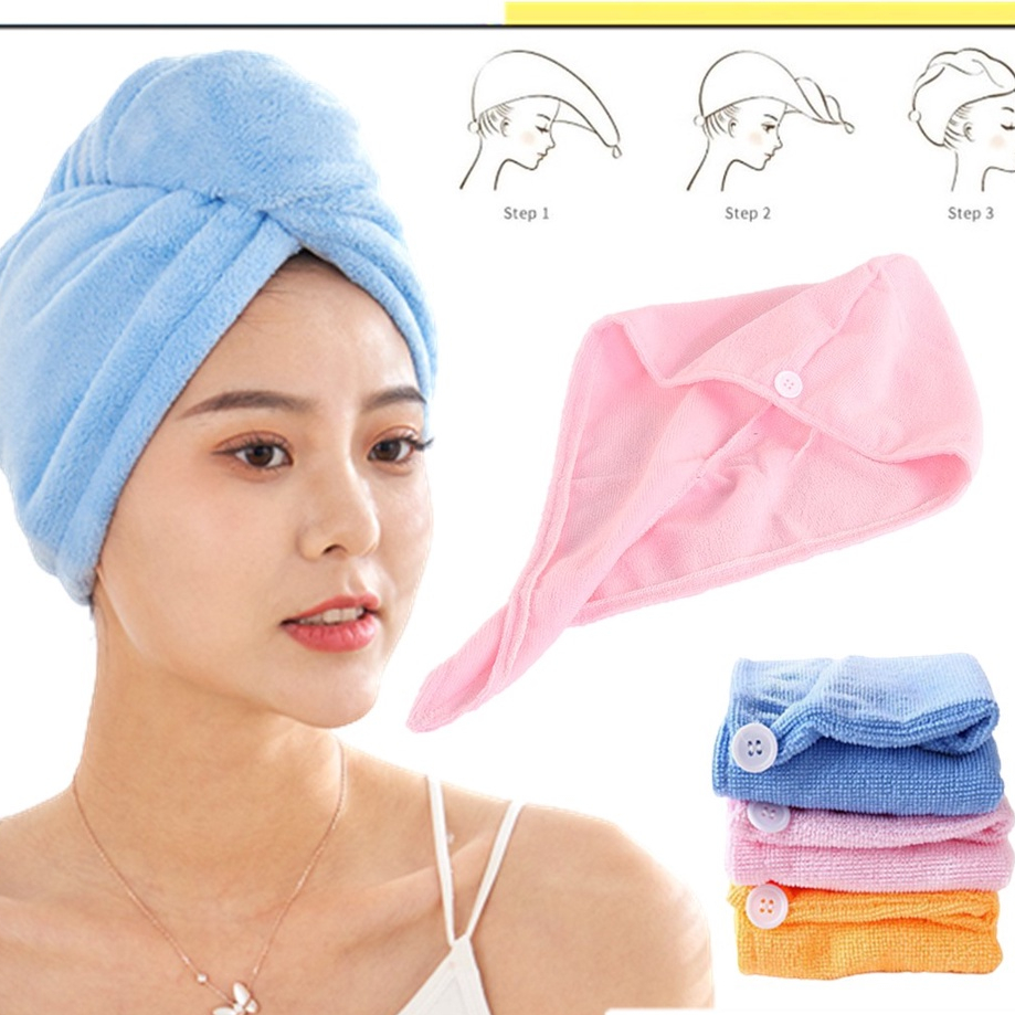 Handuk Keramas Hairtowel Mungil Keren Handuk Turban Microbulu Handuk Kancing Kramas Handuk Rambut Onehand