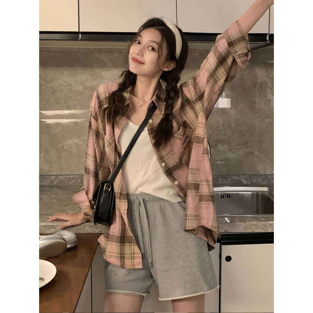 kemeja wanita lengan panjang loose causual korean style Kotak-kotak blouse import baju atasan wanita