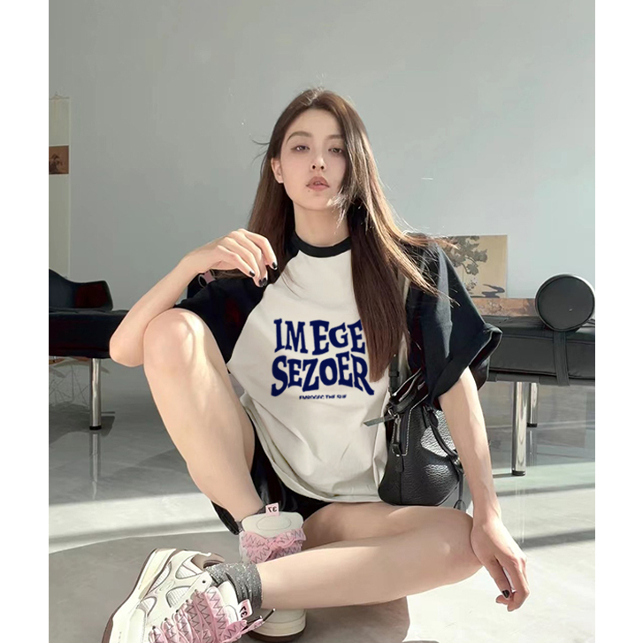 American Retro Baju Kaos Wanita Lengan Pendek Letter Graffiti T-shirt Import Oversize Kaos Couple