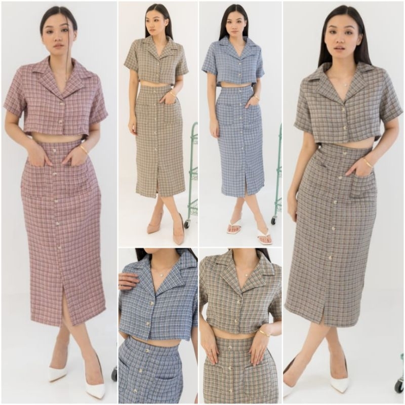 ❣️SPECIAL PRICE ♡ PREMIUM ♡ ORIGINAL ! WELISSA TWEED 2 IN 1 PLAID SET BUTTON SET CROP COLLAR BLOUSE WITH MIDI POCKET SKIRT