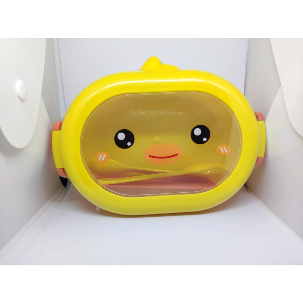 Kotak Bekal Anak Gambar BEBEK / Lunch Box Anak 2 Sekat Motif Bebek FREE Sendok dan Garpu