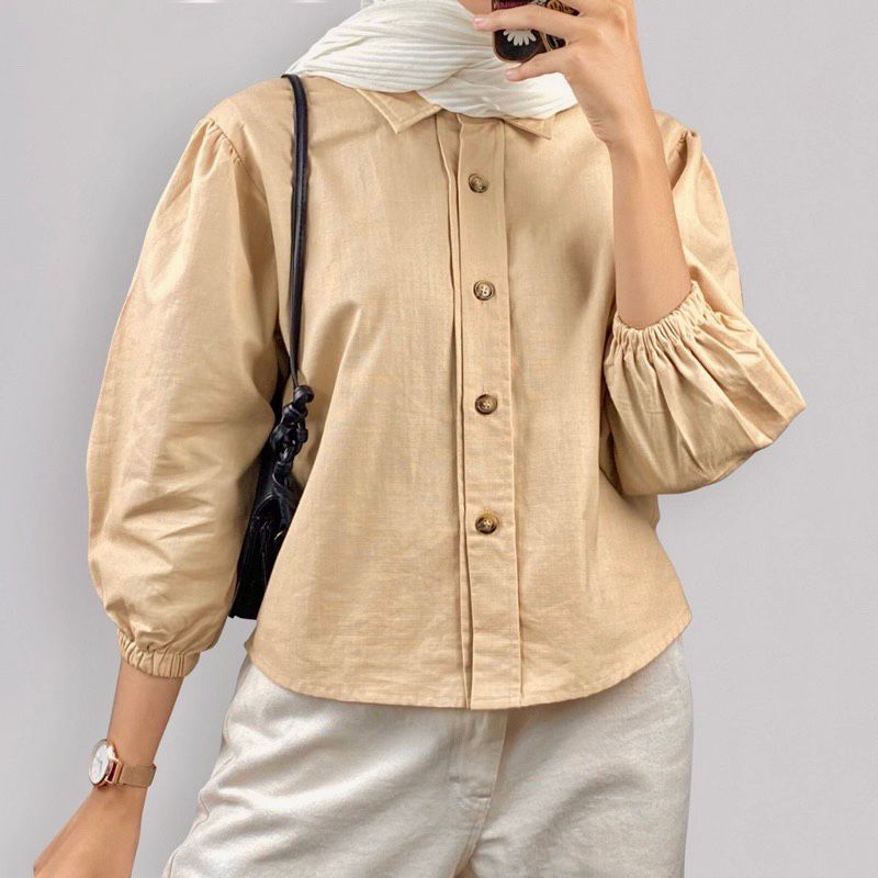 Anya Shirt Atasan Wanita Bahan Linen Full Kancing Lengan Panjang OOTD Remaja