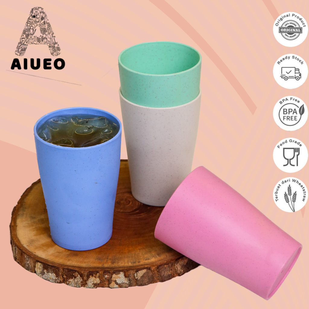 AIUEO Set 4 Pcs Gelas Teh 10 cm Wheatstraw Cangkir Plastik Cup Gelas Susu Gelas Teh Warna Warni Biru Pink Krem Hijau Ungu Pastel