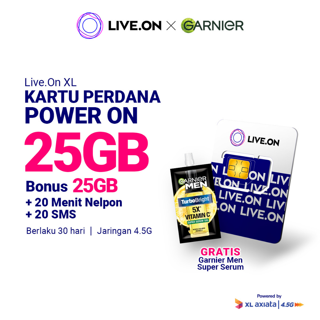 Live.On Kartu Perdana Power On 25GB (30 hari) + 5GB/Bulan (Total 25GB) Jaringan 4.5G + 20 Min Nelpon + 20 SMS