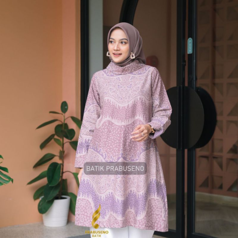 Batik Prabuseno Store - Rosma Ungu Peach TUNIK Outer Batik Wanita Katun Printing Original Prabuseno 