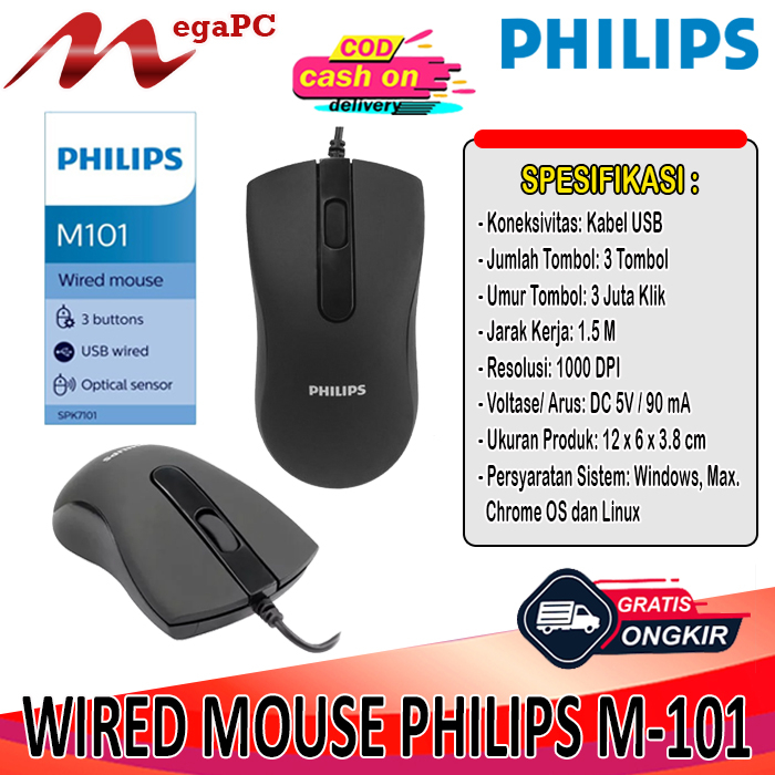 Mouse Philips M-101 Wired USB 1000DPI Ergonomic Design