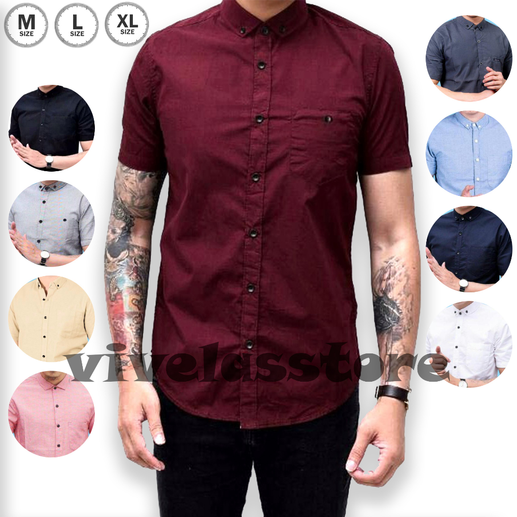 BASIC COLOUR SHIRT Kemeja polos Lengan Pendek Kasual Pria kemeja krah piyama pria polos original kemeja korea kemeja pantai hawai hem baju kemeja pria lengan pendek distro kasual santai casual katun dinas pns kerja putih merah marun kuning hitam premium