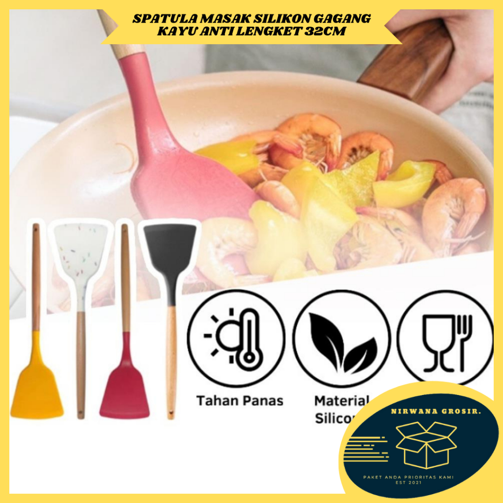 NG Spatula Silikon Gagang Kayu 32Cm / Sutil Masak Untuk Goreng Tumis Tahan Panas Anti Baret / Silico
