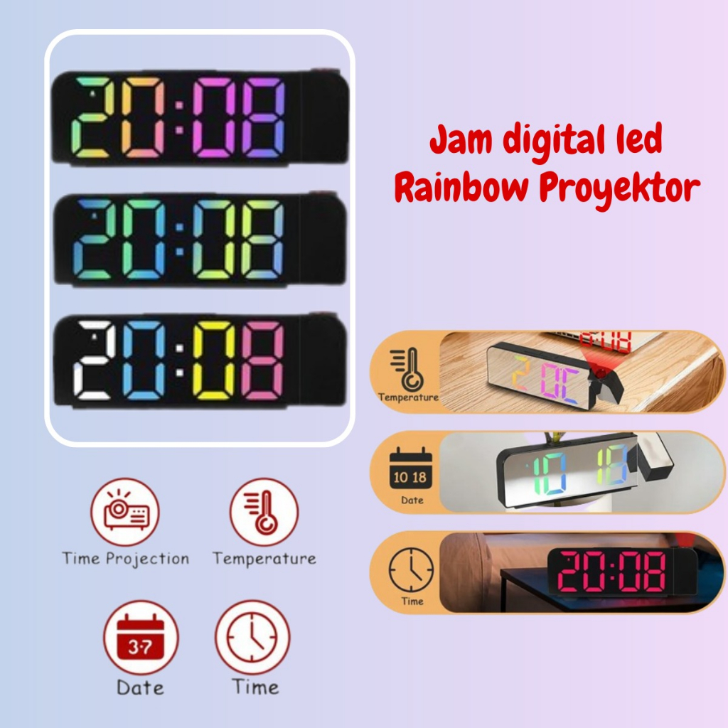 JD-8013 Jam Digital Proyektor Warna Rainbow Jam Meja LED Smart Alarm Design Simple dan Elegant Fitur Snooze Ada Suhu &amp; Kalender