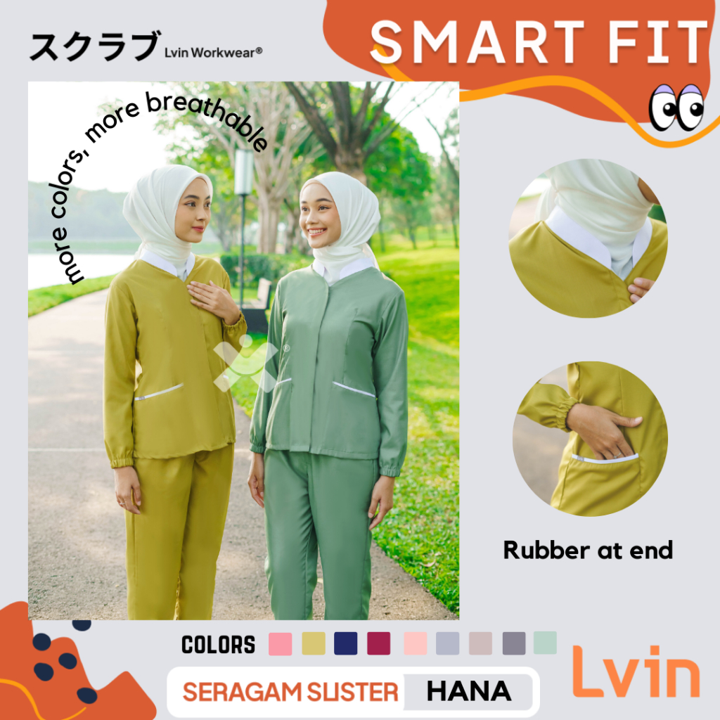 Lvin Baju Seragam suster Hana Series Long Sleeve / nanny uniform/seragam klinik / baju jaga oka / Seragam perawat / Smart Fit
