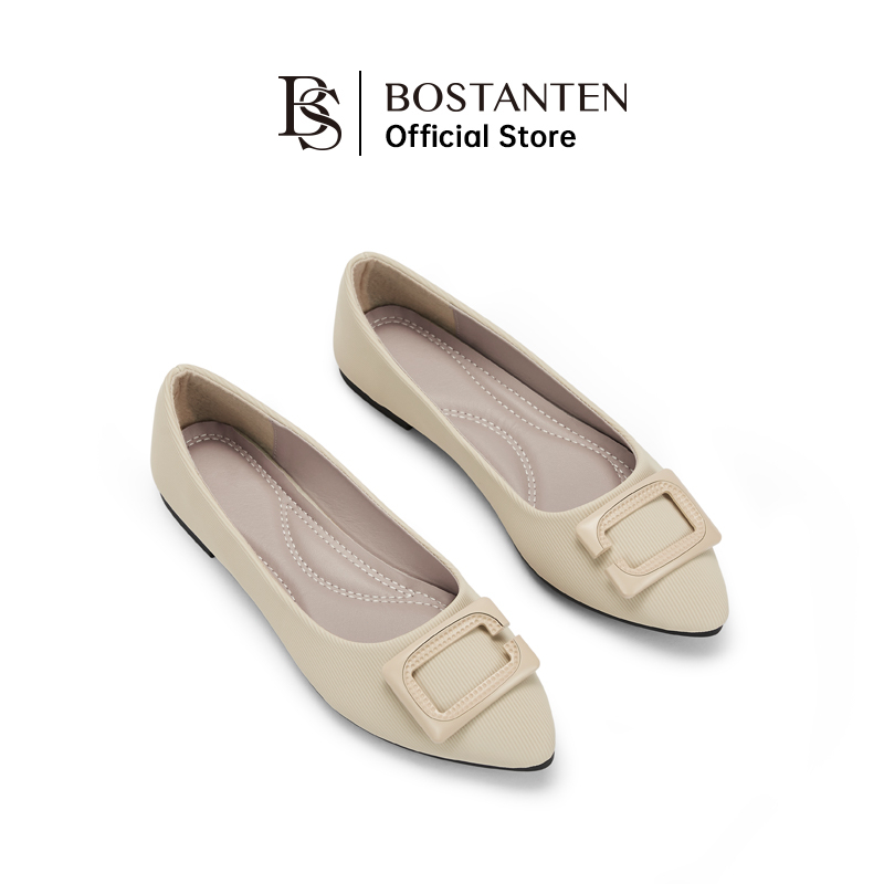 BOSTANTEN Musim panas Korea menunjukkan sepatu rata dengan tombol persegi dan sandal berbaris perasaan desain, temperament, sepatu wanita peri, sepatu lembut bernafas